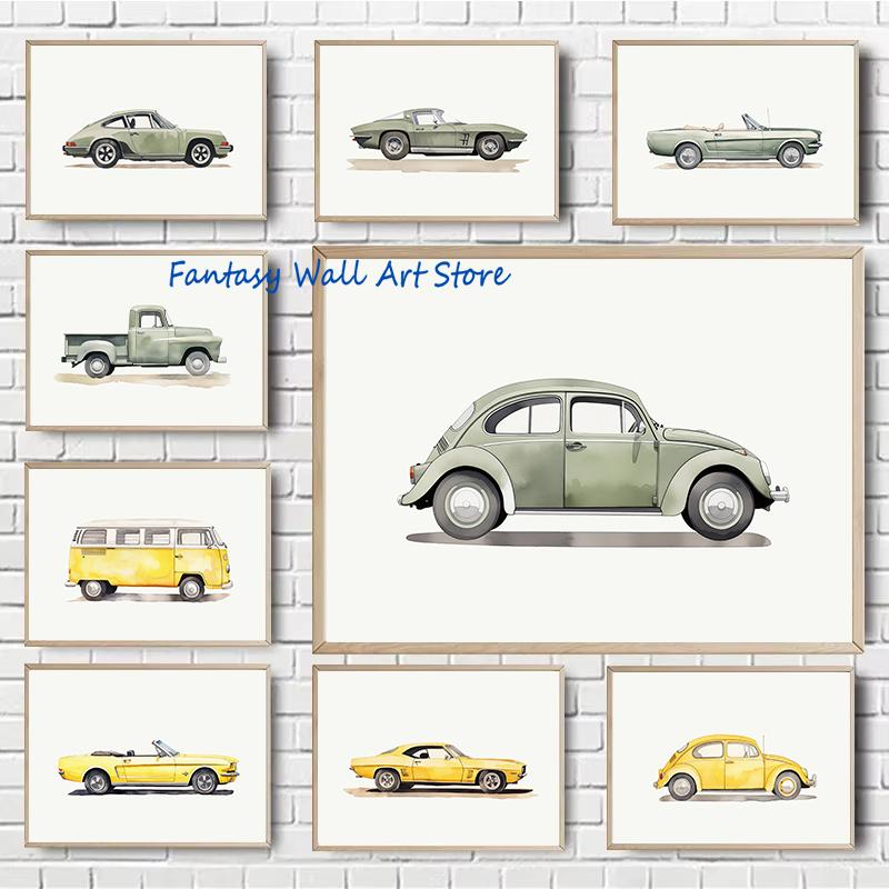 Green Yellow Classic Cars Prints Vertical Car Poster Canvas Printing Boys Room Sage Green Classic Cars Art Decor Kids Room Decor