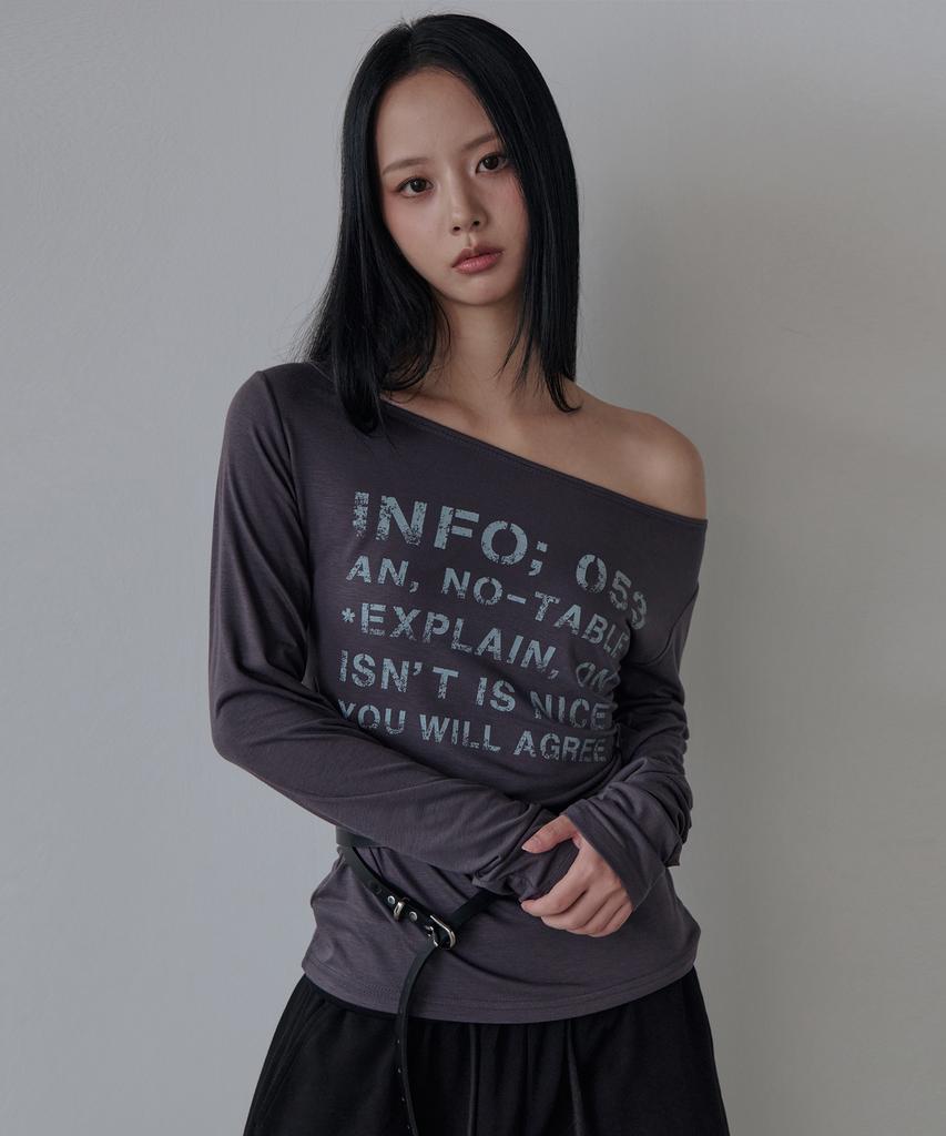 5OML Boat Neck Lettering Off-Shoulder Long Sleeve (Charcoal)
