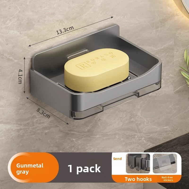 

Wall-mounted Soap Drain Box, No Punching, Household Bathroom Soap Rack, Simple with Hook, No Water Accumulation Soap Box