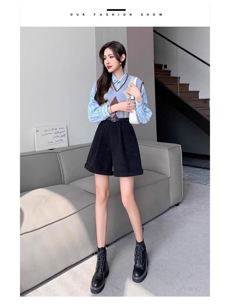 High-Waisted Corduroy A-Line Bootcut Shorts for Women - Coffee Color, Casual Autumn/Winter Wear