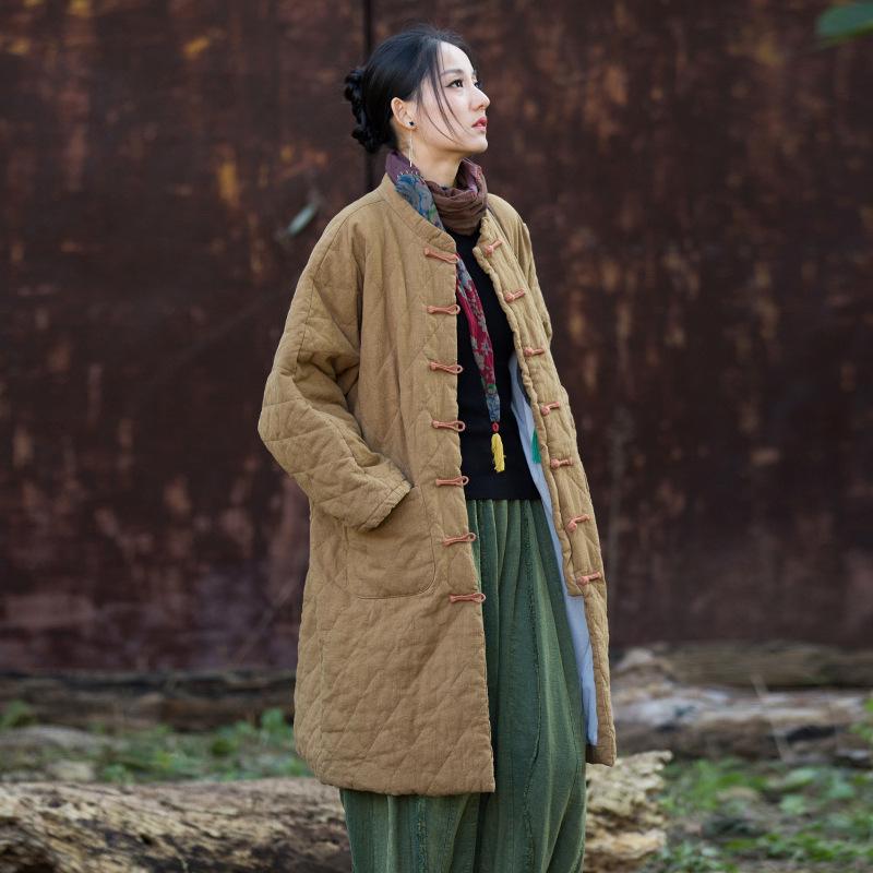 Women's Winter Ramie Quilted Diamond Pattern Cotton Coat with Frog Buttons - Bohemian Style
