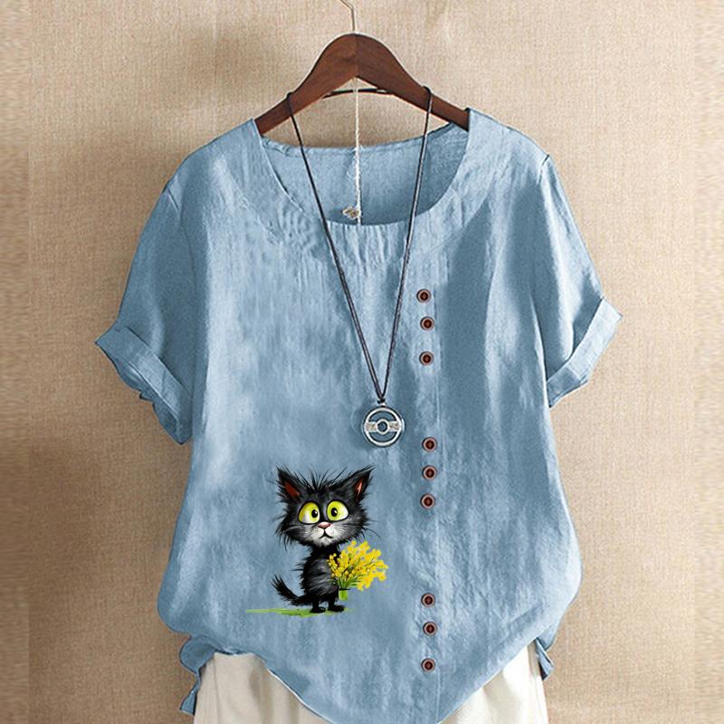 Damenmode Schwarze Katze Blumenmuster Kurzarm T-Shirt Locker Baumwollshirt Lässige Lockere Sommerbluse Übergröße Tops