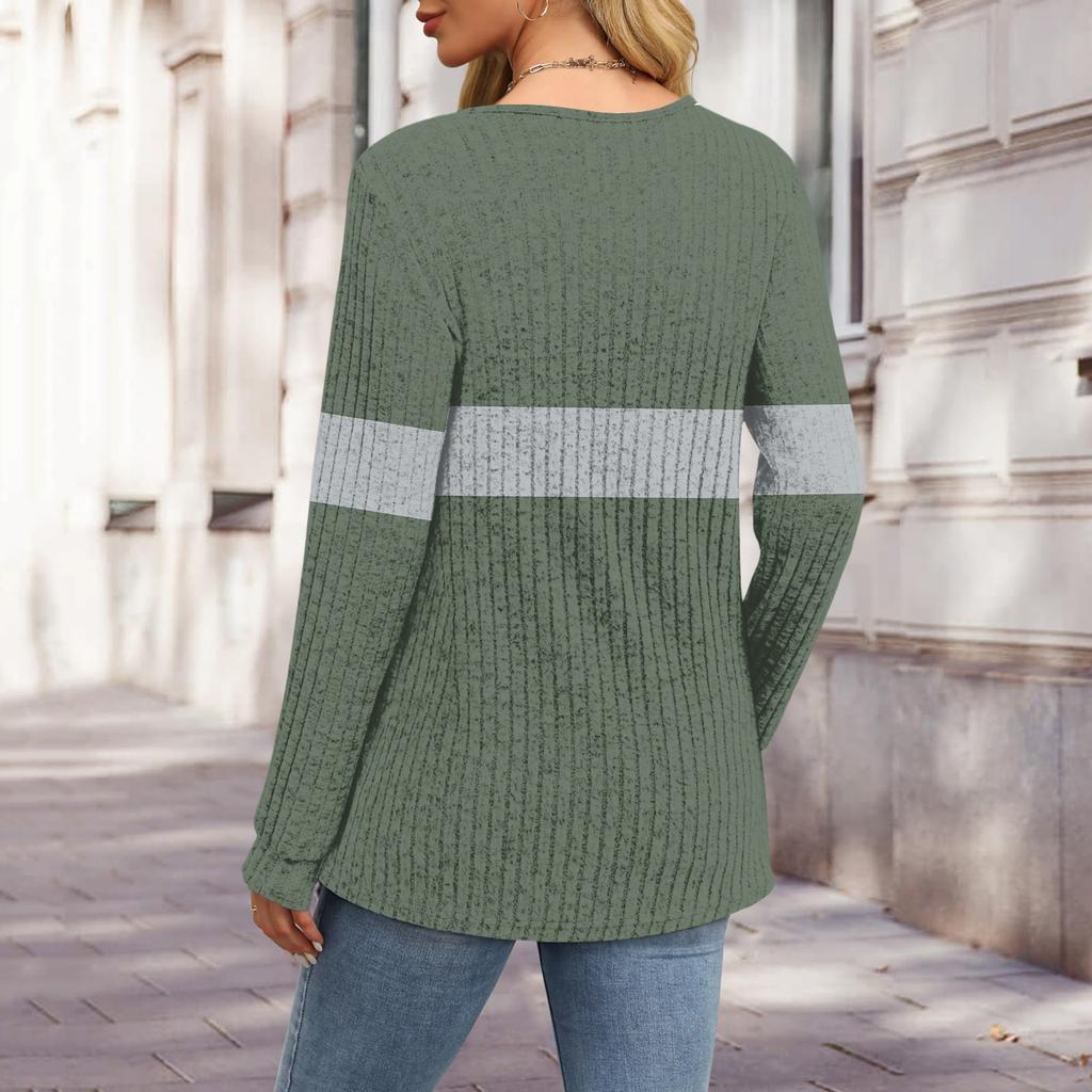 Women's Fashion V-Neck Button-Front T-Shirt With Striped Patchwork Print Long-Sleeved Top