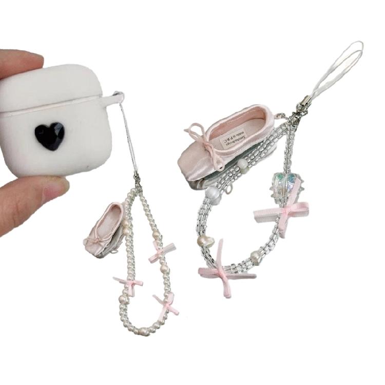 Sweet Bowknot Ballet Shoes Anti-lost Strap Crystal Pearl Beaded Phone Chains