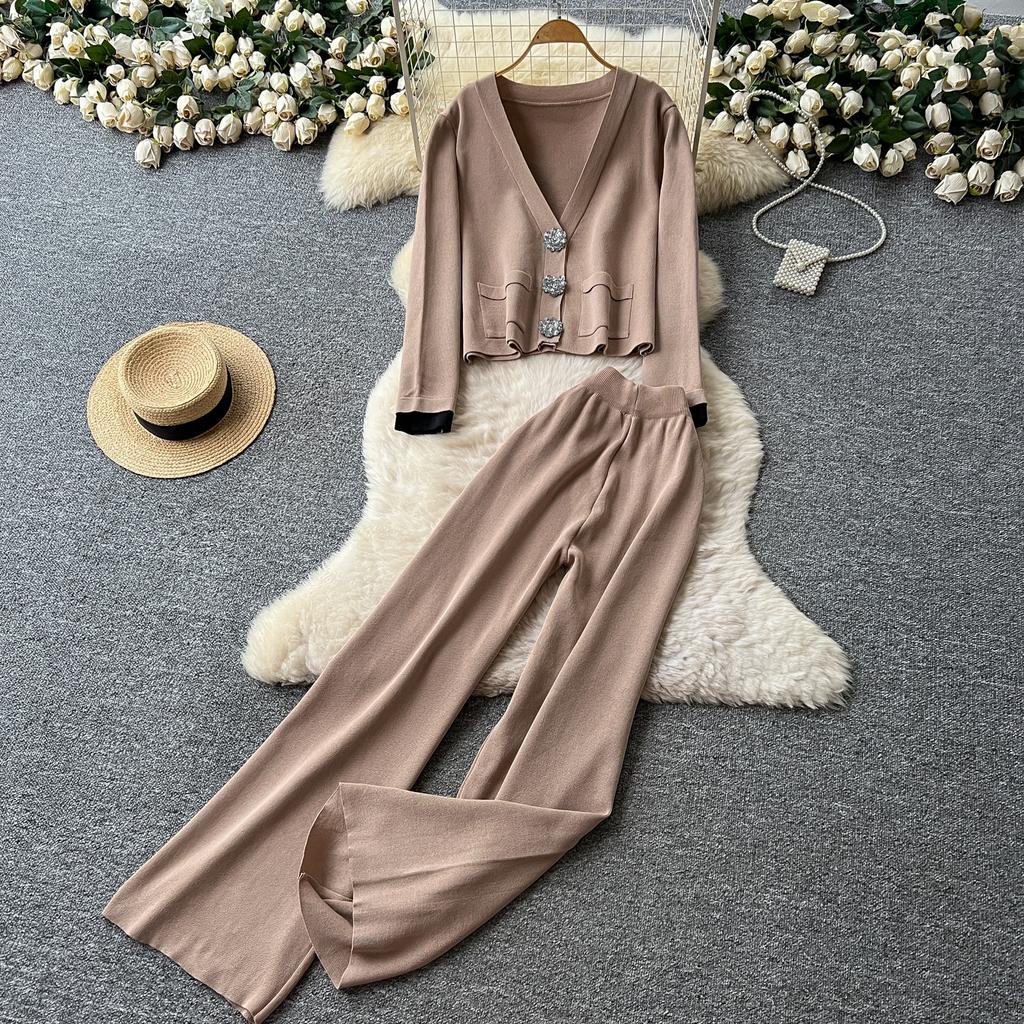 Winter Strickwaren Damen Anzüge Langarm Diamantknöpfe Oberteile+Freizeithosen mit weitem Bein Locker Warme Pullover-Sets