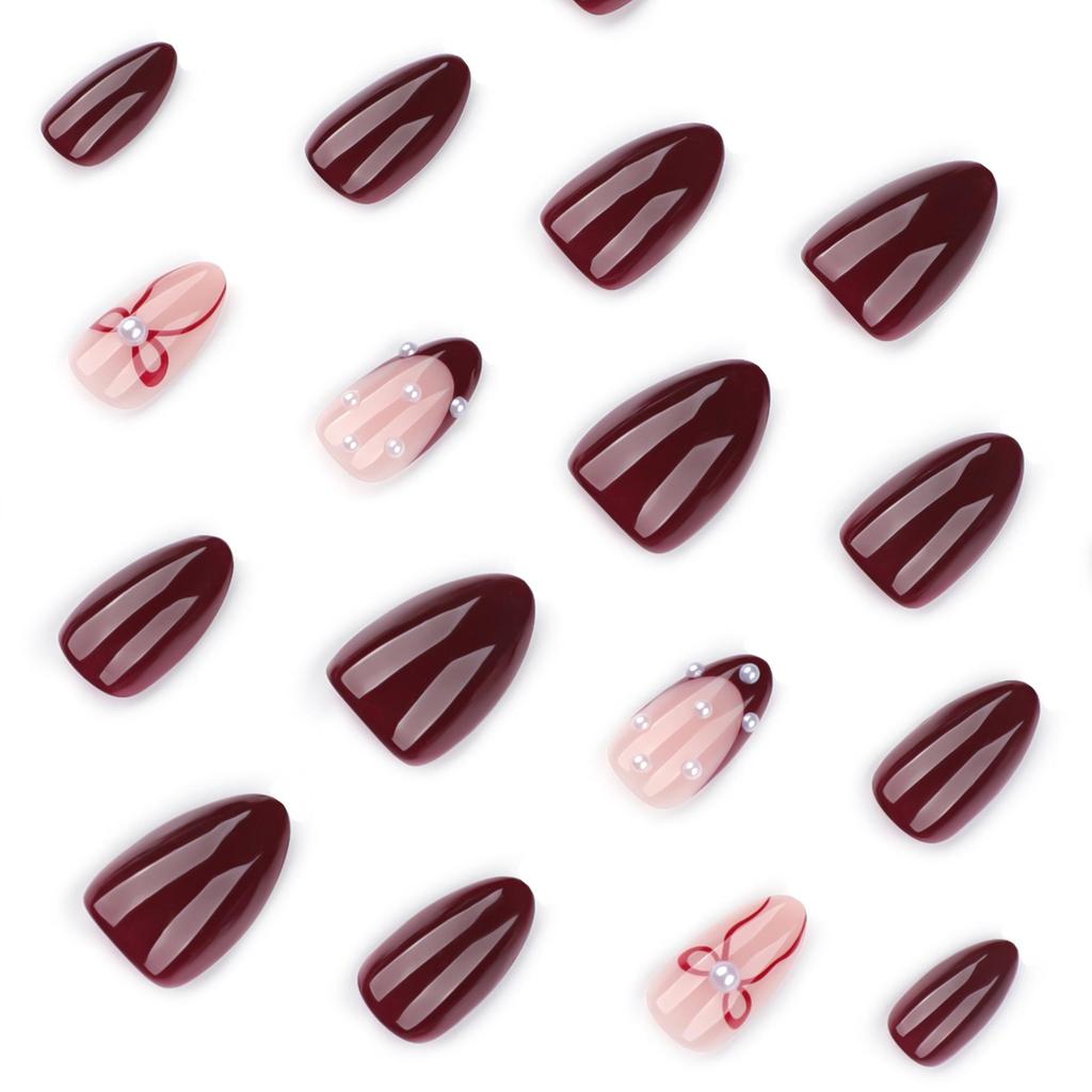 Red Almond-Shaped Wearable Nails with Bow - Short French Style for New Year