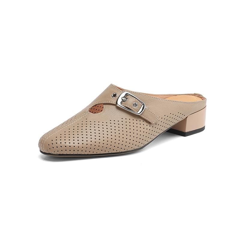 Fashion Women's New Genuine Leather Sheepskin Hollow Hole Metal Belt Buckle, Mid Heel Large Toe, Breathable M Ü Ller Slippers
