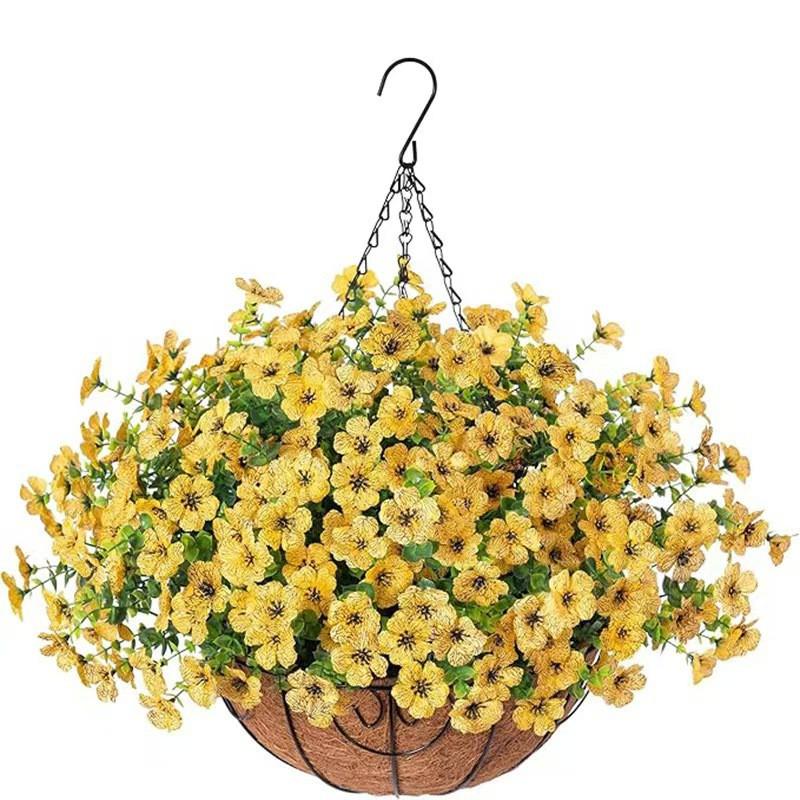 Artificial Violet Flower Hanging Basket With Iron Frame Coconut Fiber Liner Outdoor Garden Decor