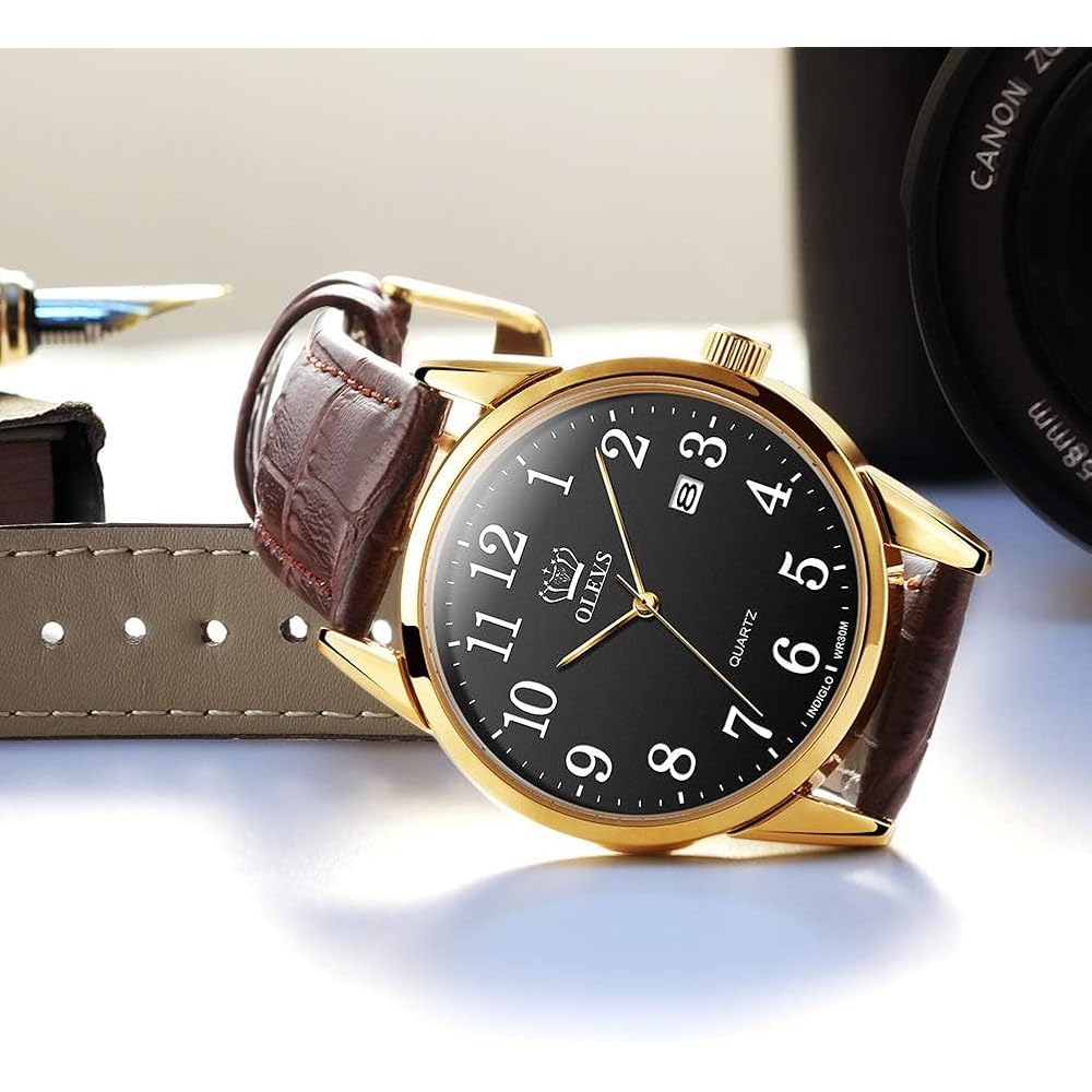 Men's Business Watch Arabic Numerals Leather Band Waterproof Calendar Display Luminous Men's Watch
