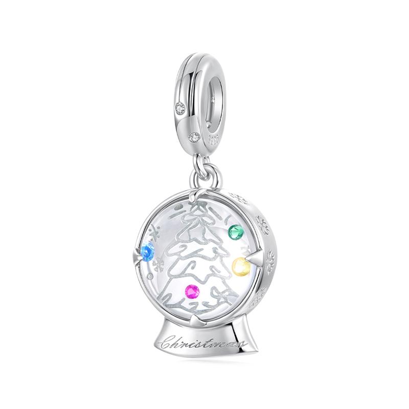 WOSTU Real 925 Silver Christmas Tree Beads Snow Globe Pendant Snowflake Bell Charm Fit DIY Bracelet Necklace Cute Xmas Gift