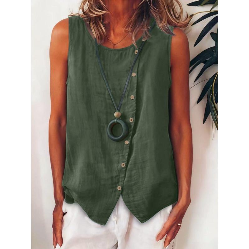 Damen Boho Locker Übergröße Diagonal Knopf Ärmellos Hemd Tanktop