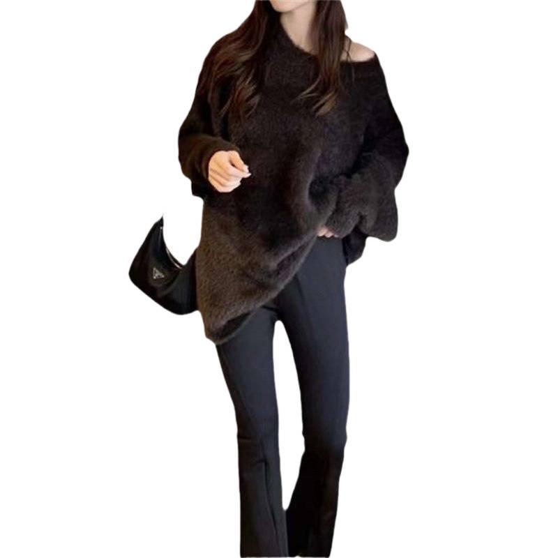 Women's Blue Velvet Round Neck Sweater - Soft, Cozy, Autumn/Winter Knitwear, Lazy Style European Fashion