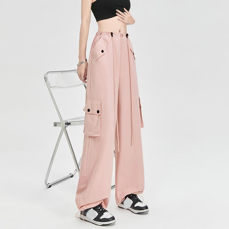 

Модные повседневные широкие брюки-карго для женщин, женские элегантные длинные брюки с высокой талией, комбинезоны 2024 года, новые свободные простые брюки на весну и лето 2395 XL розовый