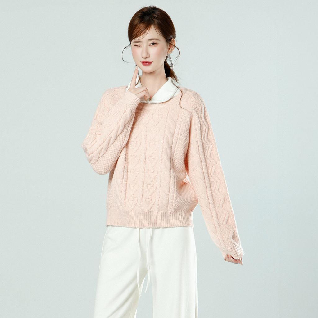 Korean Gentle Wind Pink Twist Crew Neck Thick Sweater Women's Winter Loose Inner Bottom Knitted Top