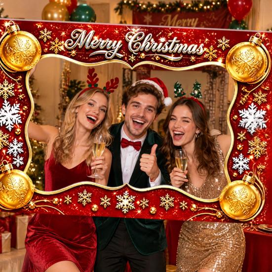 Christmas Celebration Photo Accessories Cartoon Booth Frame Banner, Xmas Selfie with Elk Gift for Party Decor Penguin Bear, Holiday Handheld
