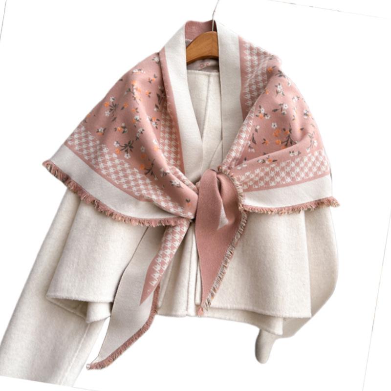 Autumn And Winter Triangle Scarf, Floral Houndstooth, Small Fresh Print, Double-Sided Scarf, Shawl Outside The Woman