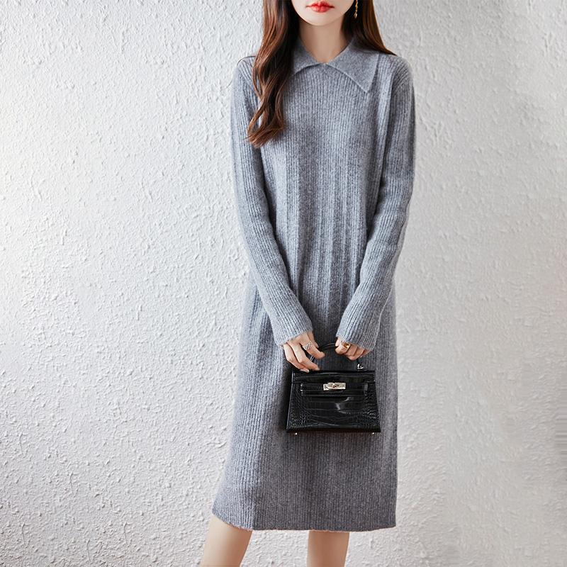 Women Sweater Dress 100% Wool MODERN NEW SAGA Turn-down Collar Knit Long Pullover Winter Jumpers Wool Long Dress Female