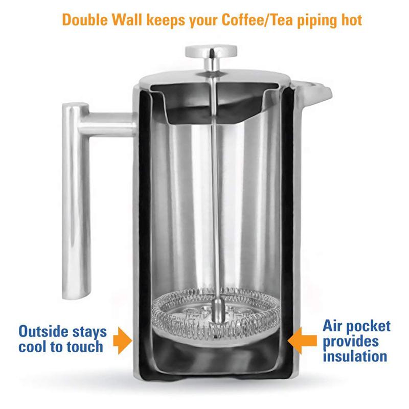 French Press Coffee Maker Stainless Steel Double Wall Insulated 34 oz and Pour Over Accessories Clean Brush /& Filter Screen Dishwasher Safe