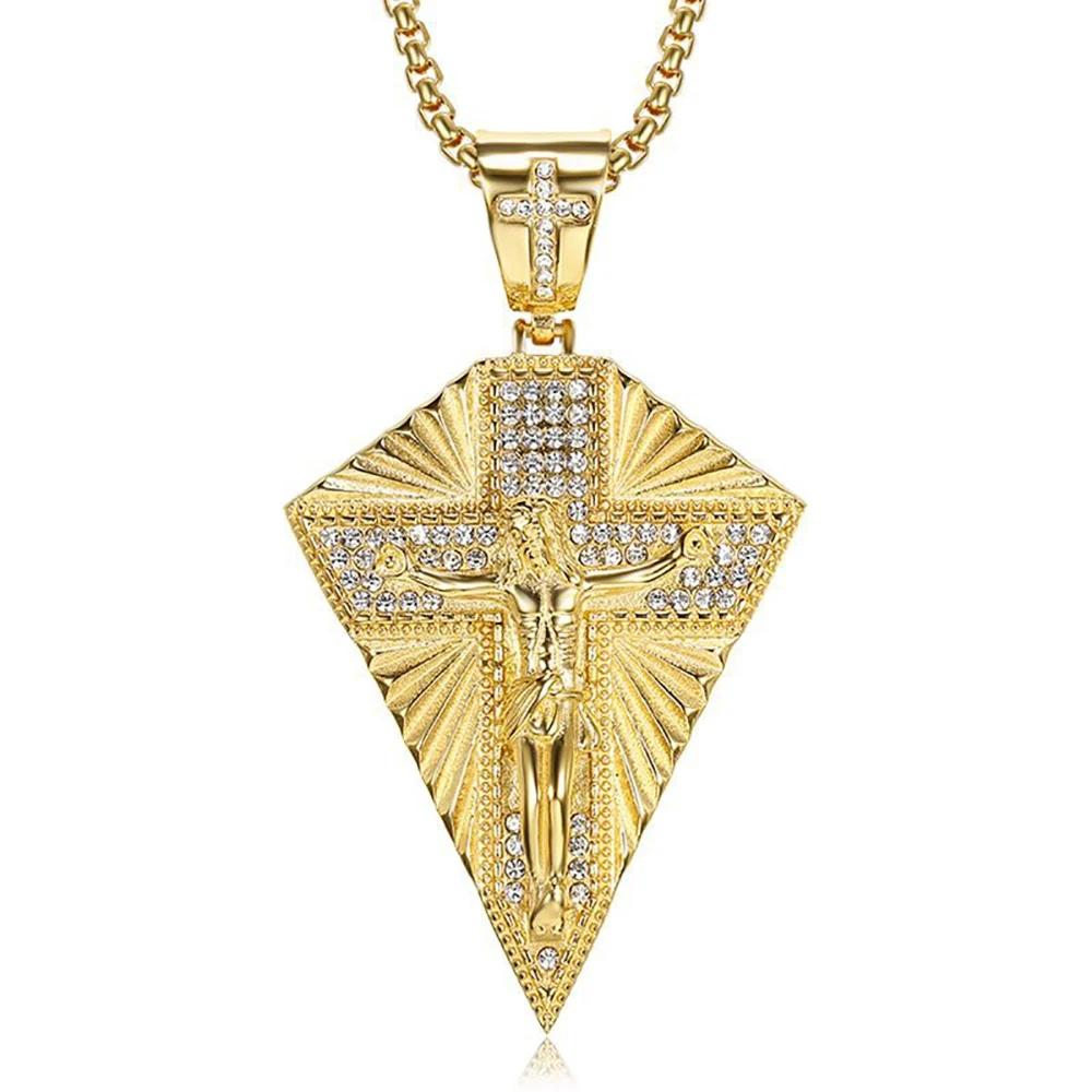 Men's Necklace Big Jesus Cross Pendant & Chain Mens Gold Color Stainless Steel Crucifix Necklaces Man Iced Out Bling Jewelry