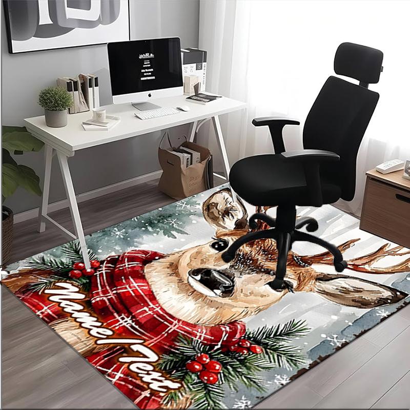 1PC Custom Name Winter Deer Plaid Theme Floor Mat Ideal for Living Room, Game Rooms, Office, Bedroom,Floor Mat Playful Design