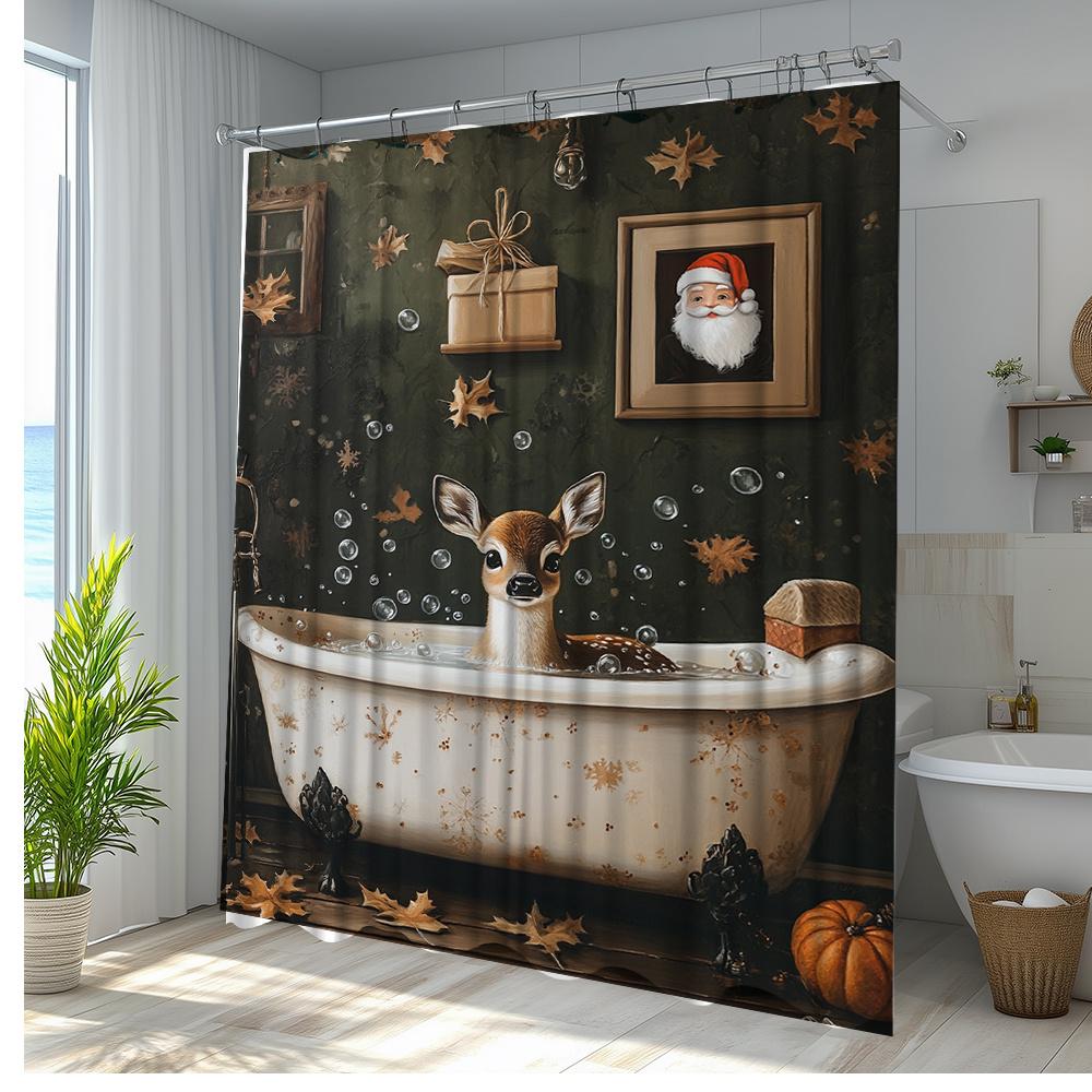 1pc Enchanting Deer in Bathtub Shower Curtain with Santa Picture, Cozy Fall Leaves & Gifts Design - Boho Christmas Theme Bathroo