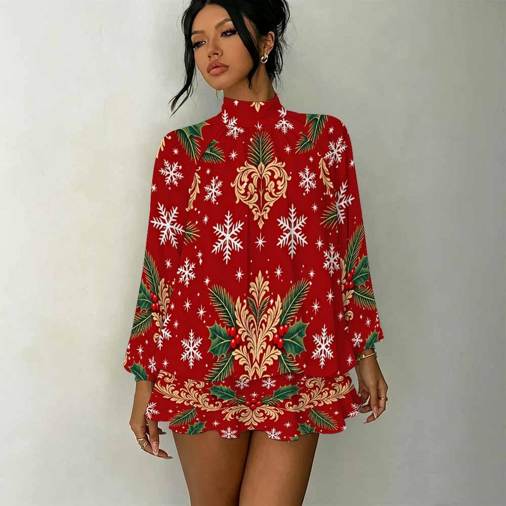 Women's 3D Christmas Tree Print Mock Neck Long Sleeve Dress, Raglan Sleeve Fake Two Piece Mini Dress