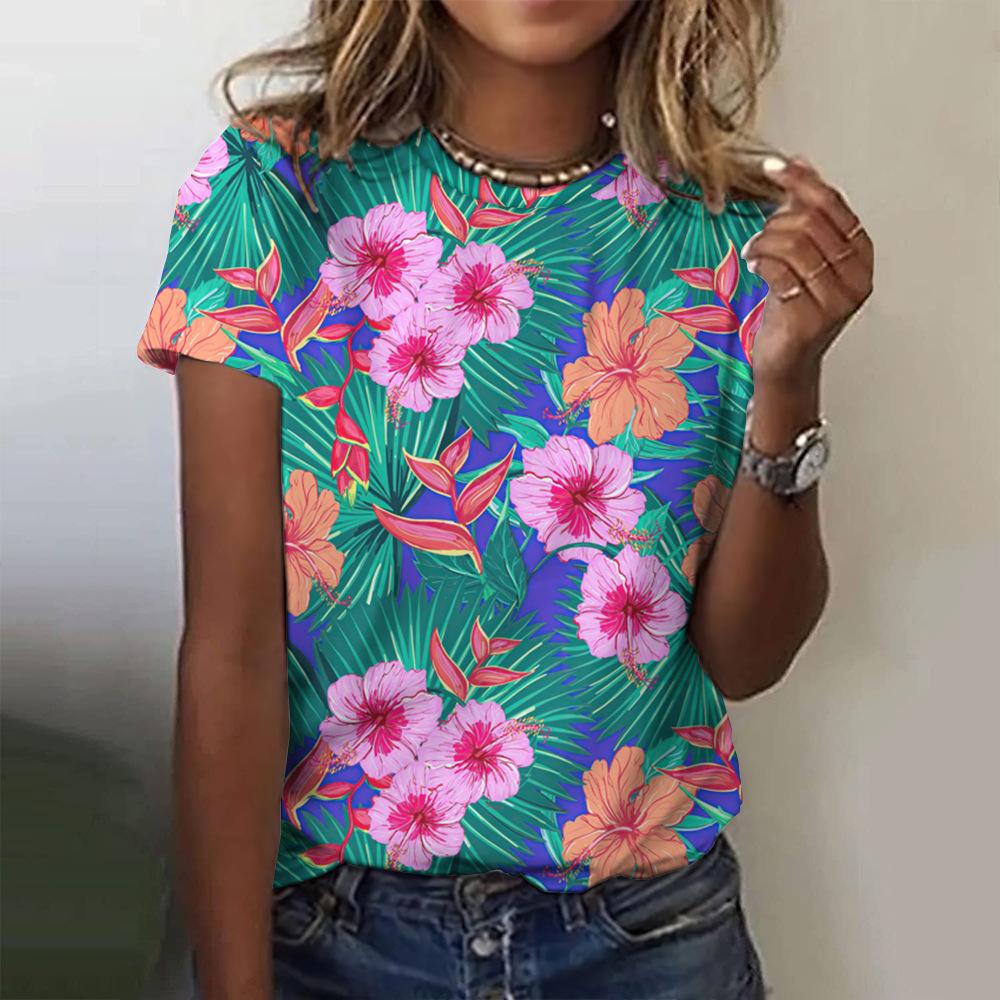 Round Neck 3D Tropical Floral Printed Casual Short Sleeved Women's T-shirts - Soft Medium Stretch Polyester Fabric Summer Relaxed Fit Clothing