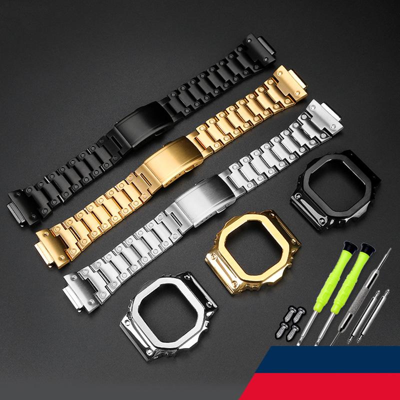 Für Casio G-SHOCK Metallgehäuse Armband Edelstahl Anzug DW5600/GW-M5610/5000 GW-B5600 Modifiziert Cooler Stil Gold-schwarzes Armband