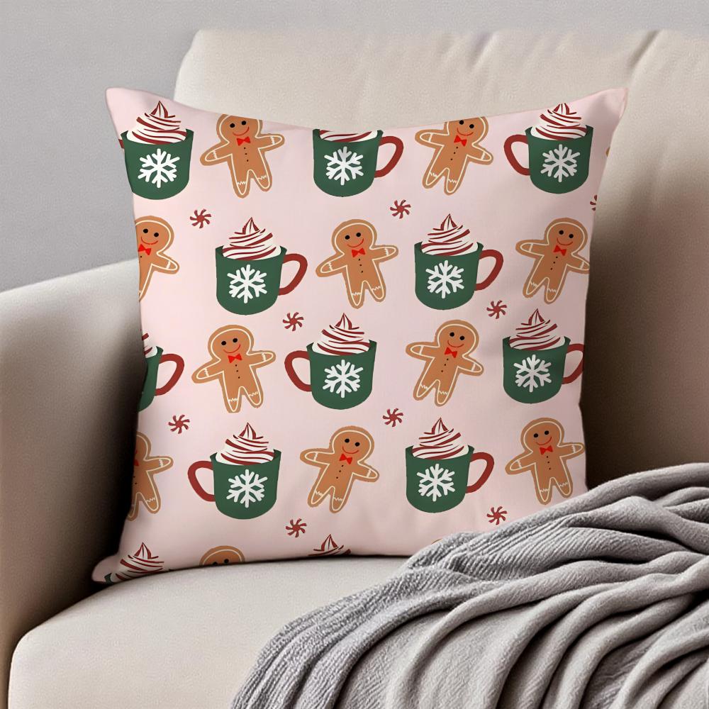 

Christmas Gingerbread Man Fun Holiday Cushion Cover Pillowcase Antidustmite Invisible Zipper Short Plush Sofa Cushion 40x40cm