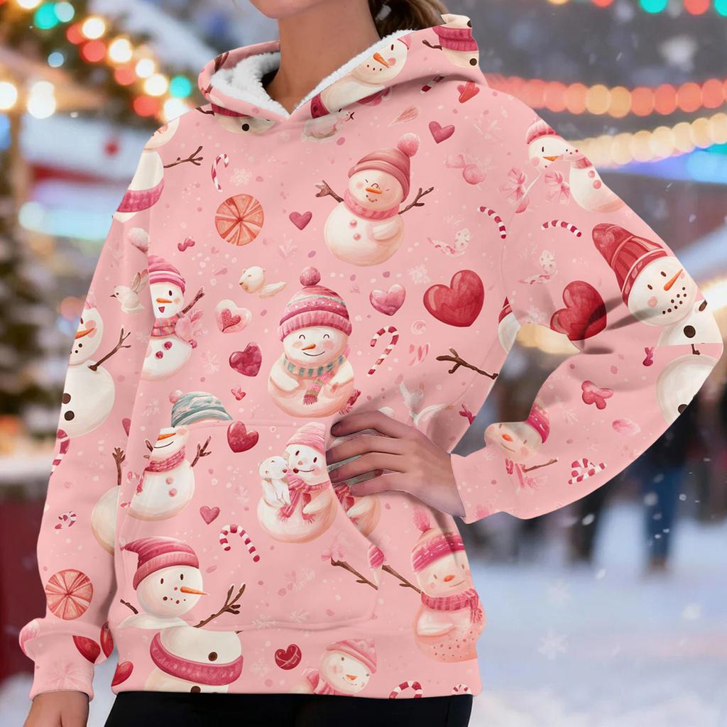 Women's Fashionable Casual Long-Sleeved Christmas Print Fleece-Lined Thick Hooded Sweatshirt