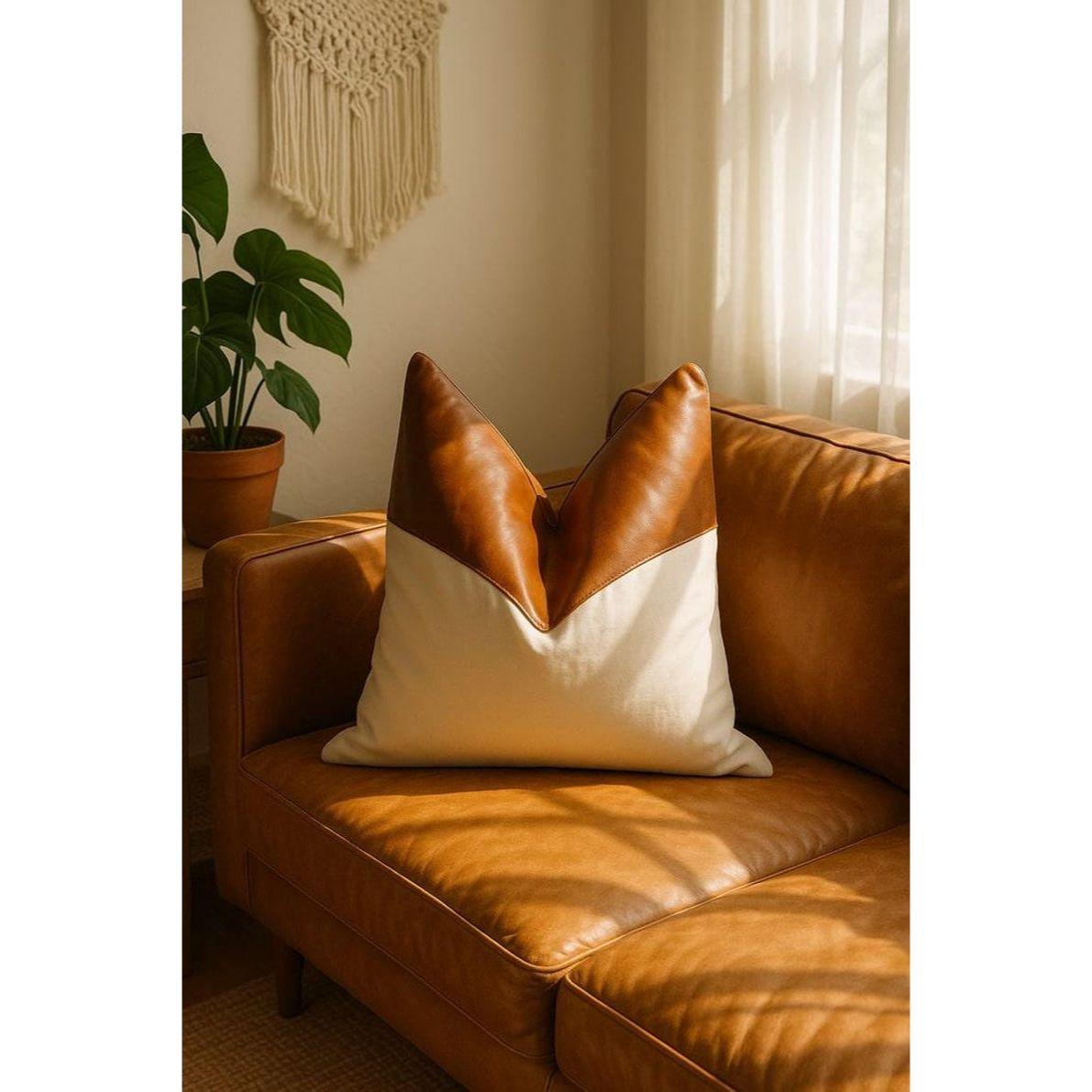 

Vintage Tan Leather Pillow Cover: Cowhide & Cotton Linen Gift For Her Him Birthday Anniversary 14 x 14 in