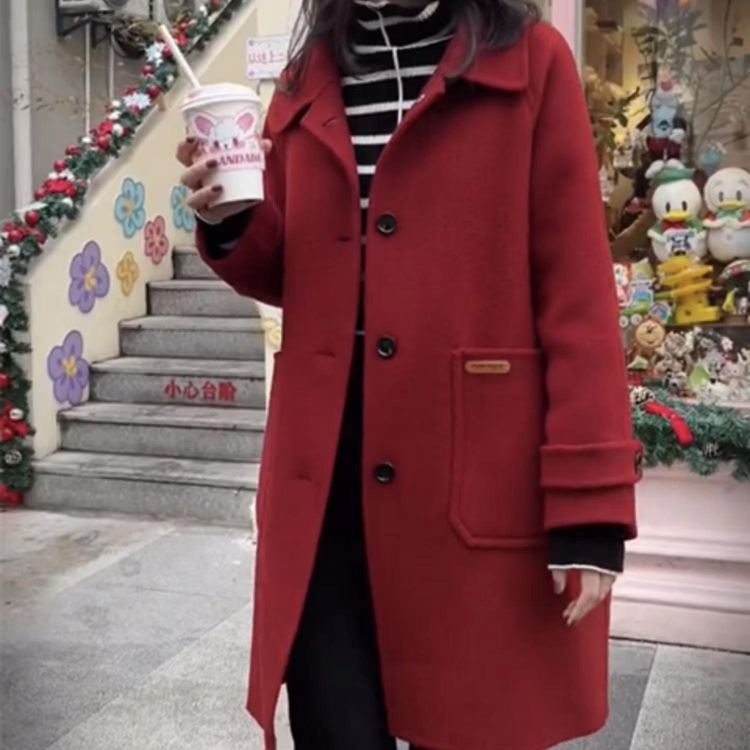 

Высококачественное двустороннее шерстяное пальто женское средней длины новое шерстяное пальто на осень и зиму S красный