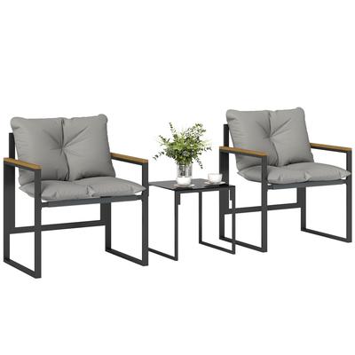 3-Piece Garden Lounge Set 2-seater with 2 Armchairs 1 Coffee Table, Tempered Glass Top and Cushions, Grey
