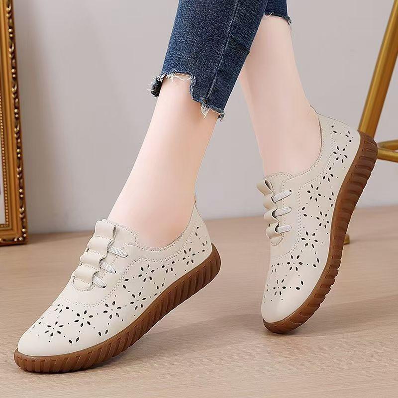 Soft Leather Beef Tendon Soft Sole Doudou Shoes Middle-aged and Elderly Flat Shoes Single Shoes Women's One-pedal Hollow Hole Shoes Lazy Shoes