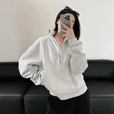 Semi-zipper Short Sweatshirt for Women In Spring, Autumn and Winter New Polo Stand Collar Pullover Loose American Sports Top