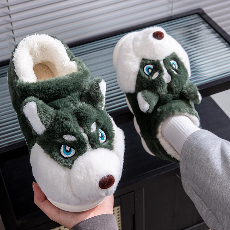 Men's Winter Cartoon Husky Cotton Slippers - Indoor Warm Plush Furry Heel for Couples