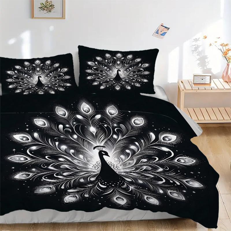3pcs Radiant Peacock Print Bedding Set (1 Cover + 2 Pillowcases, Without Inserts), This Printed Bedding Set Is Soft and Comfortable, Suitable for