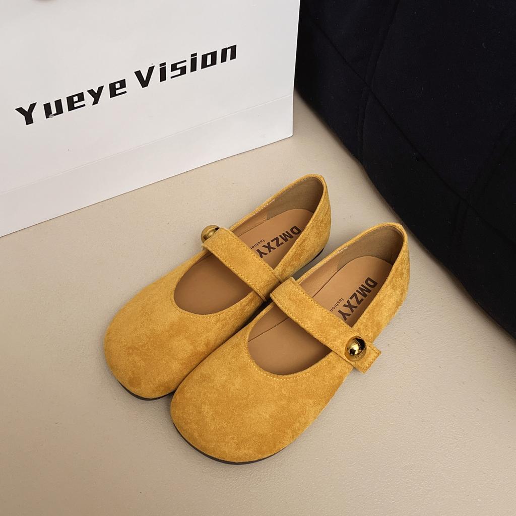Franska retro lågskurna damskor 2025 vår mild älvvind mjuk sula gul platt Mary Jane damskor