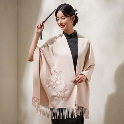 100% Wool Scarves Women Winter Large Shawl Wraps Beige Pashmina Warm Chinese Suzhou Embroidery Red Neck Scarf  Echarpe Femme