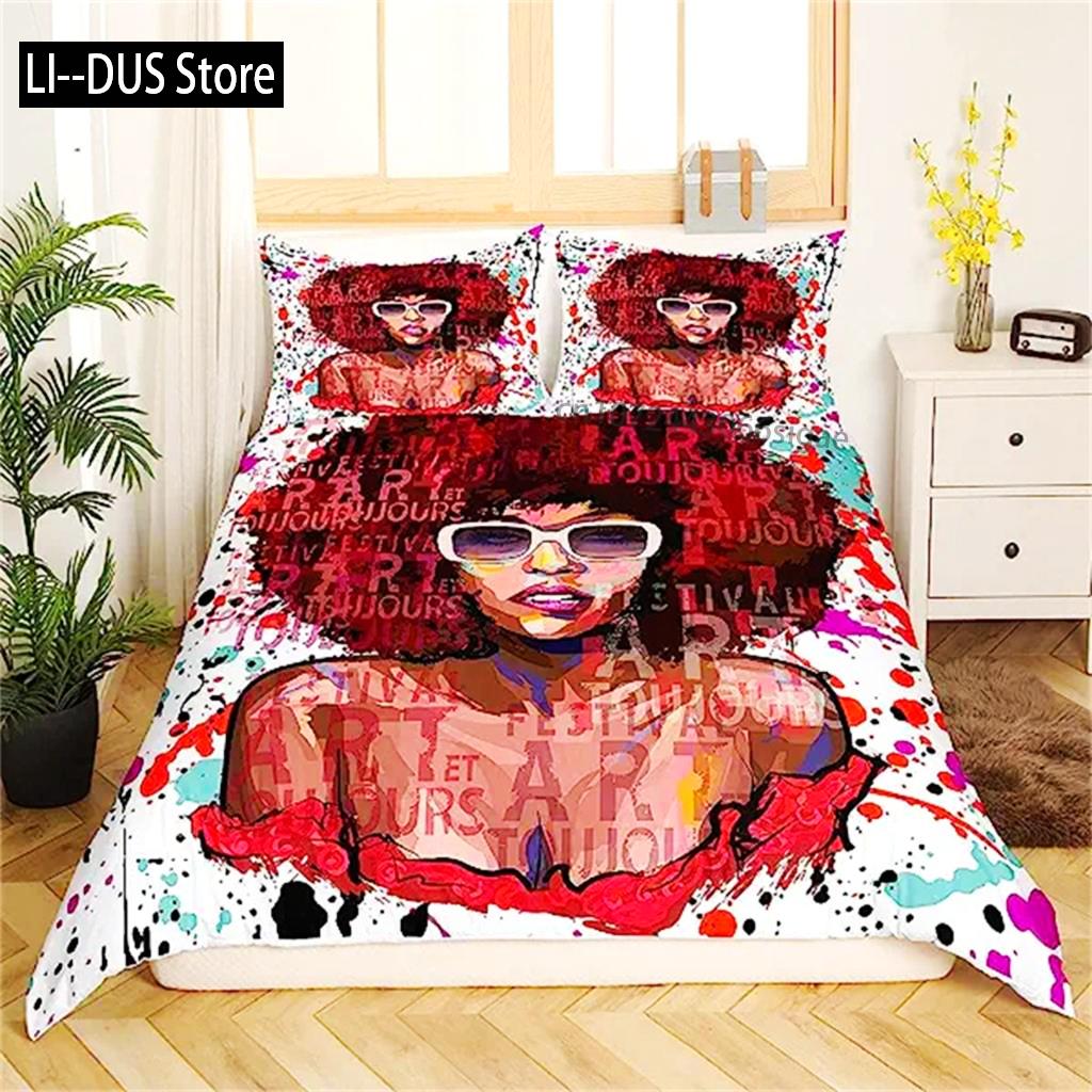 African American Black Girl Duvet Cover Black Girl Magic Bedding Set Cute Little Afro Black Princess Bed Cover Girl Room Decor