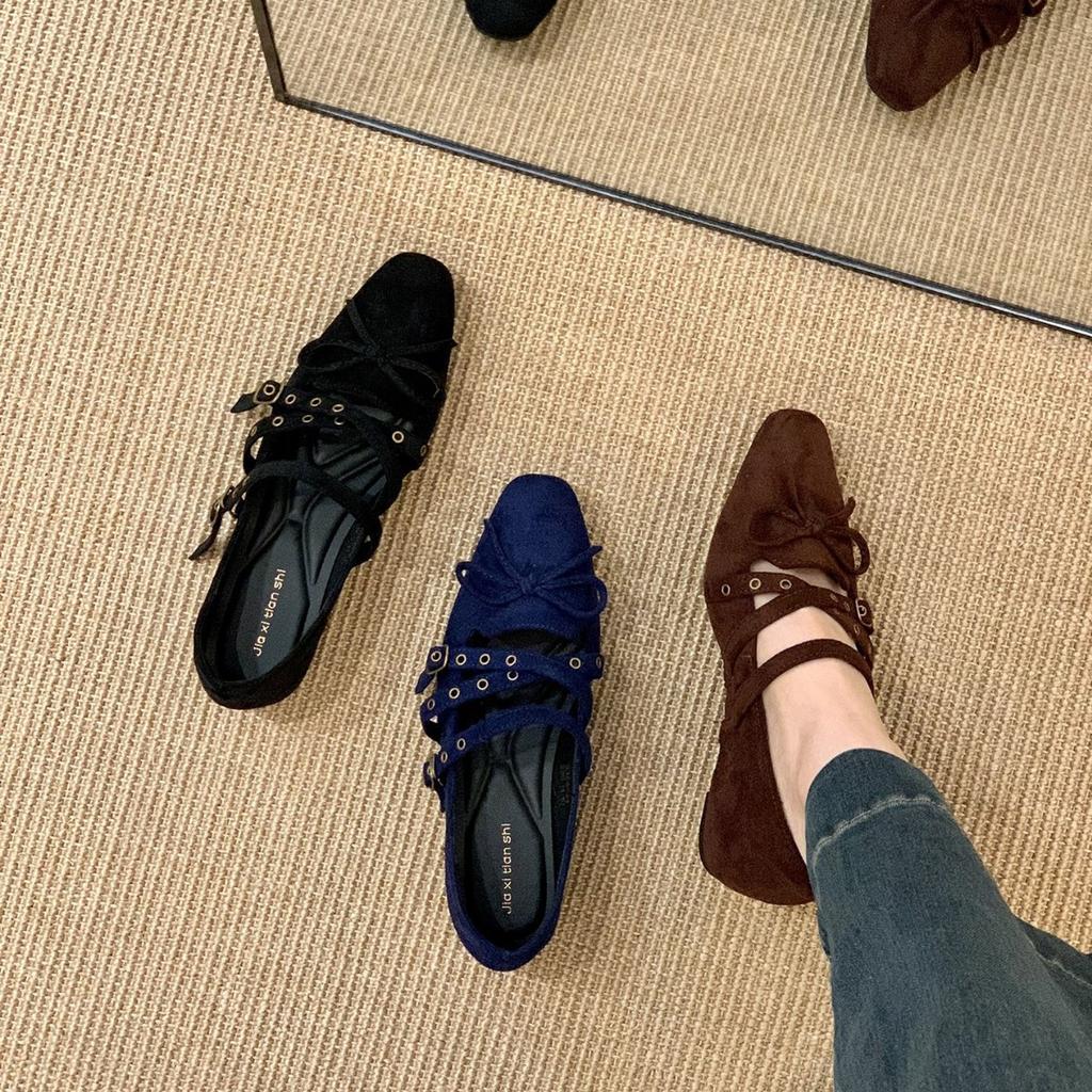 Inner Heightening Retro Single Shoes Square Head Bow Ballet Shoes Women's Shoes 2025 Spring and Autumn Mary Jane Evening Shoes