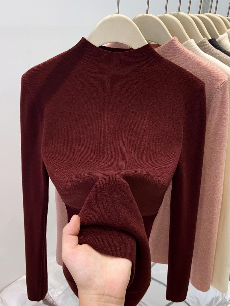 Korean version of temperament slim-fitting semi-turtleneck front shoulder long-sleeved knitted sweater for women's autumn and winter sexy pure desire