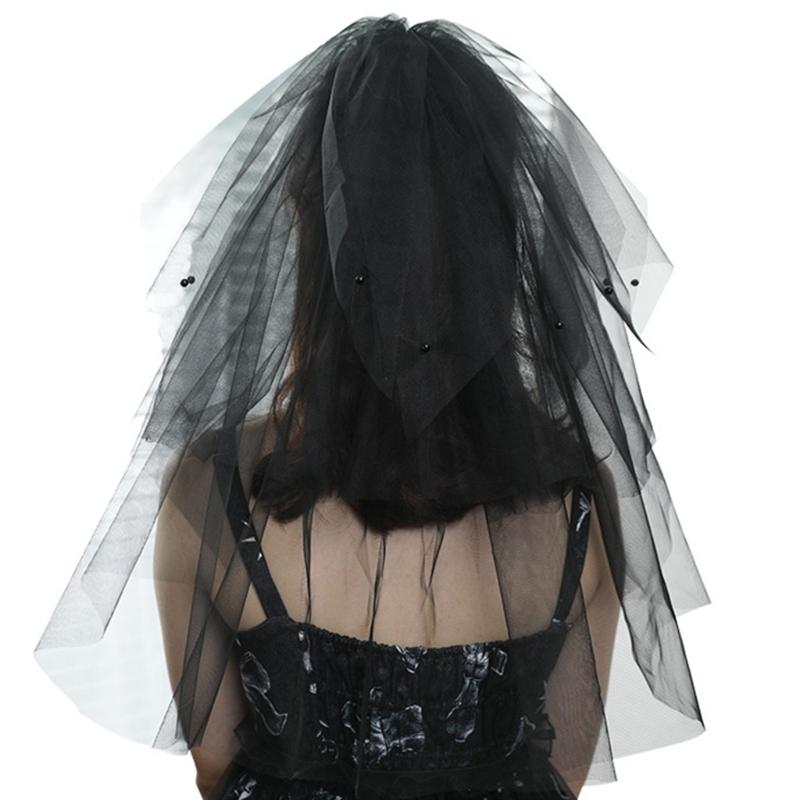 

2 Layers Wedding Bridal Veil with Comb Beads Adornment Simple Cut Edge Short Shoulder Length Tulle Sheer Black Veils 1