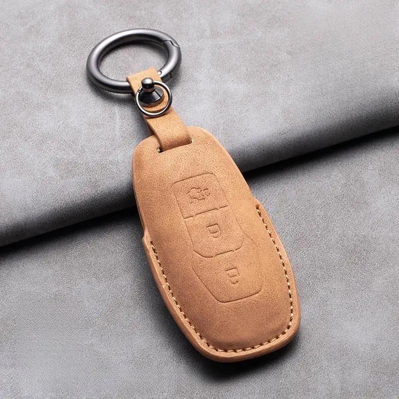 Leather Car Key Case Cover Holder Keychain Shell for Ford Fusion Mondeo Mustang F 150 Explorer Edge Focus 3 2016 2017 2018