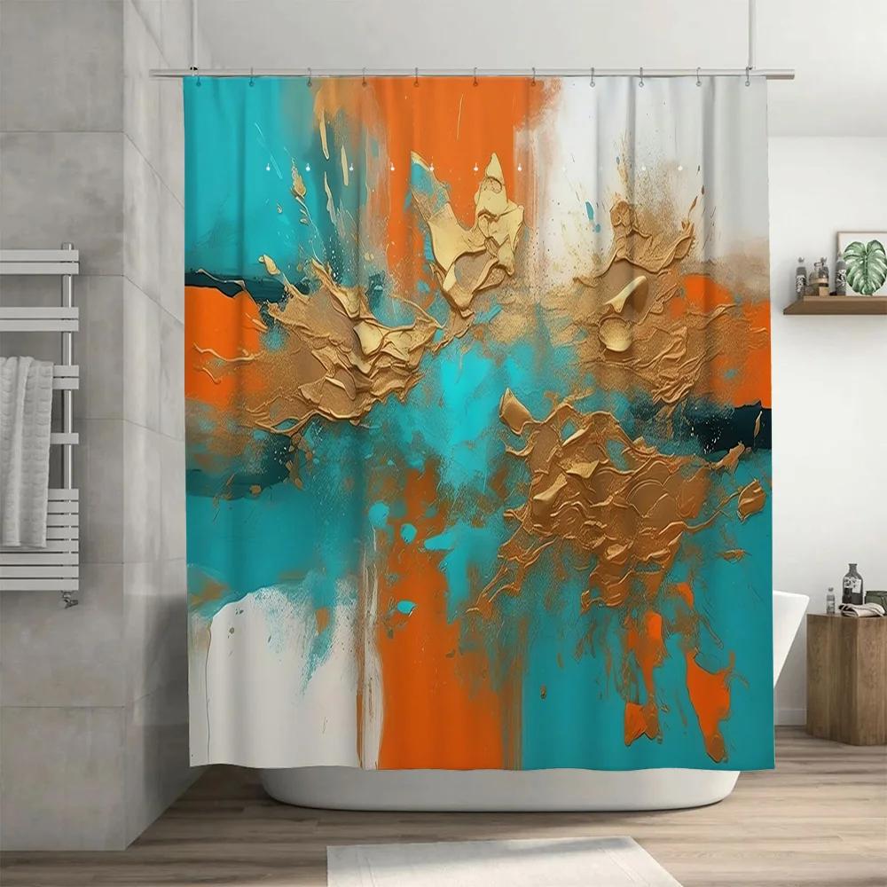 Artistic Shower Curtain Gold Orange Blue Abstract Design for Bathroom Decor Waterproof