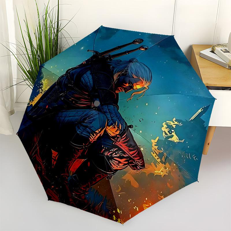 1pc The Witcher Automatic Umbrella 8 Rib Portable Folding Black Iron Frame for Outdoor, Beach, Travel, Beach Umbrella 209
