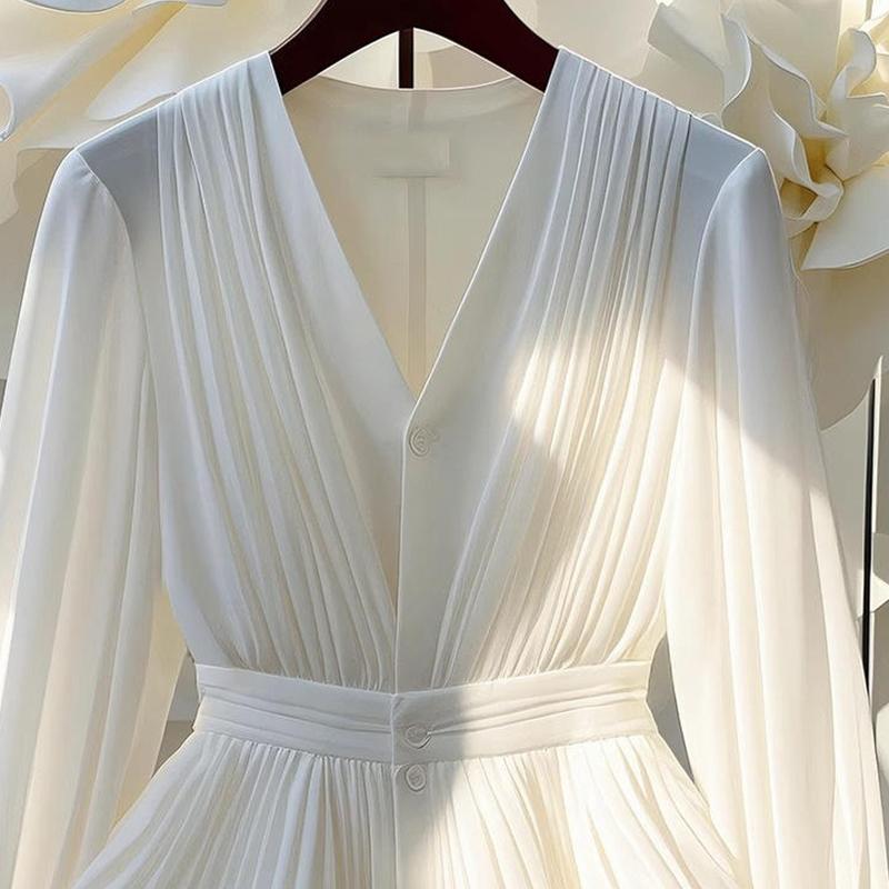 Women's Autumn French Temperament V-neck Long Sleeved Top High-end White Shirt