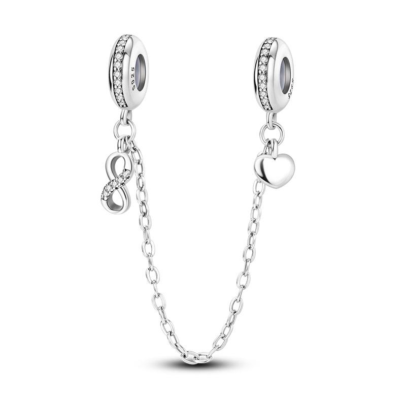 925 Silver Heart Infinity Triple Clear Jewel Safety Chain Charm Bracelet Fine Jewelry Gift for Her