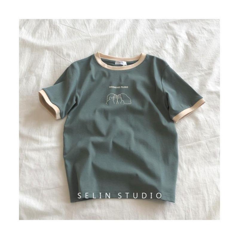 Women's Summer Slim Fit Color-Blocked Short-Sleeve T-shirt - Casual Korean Style