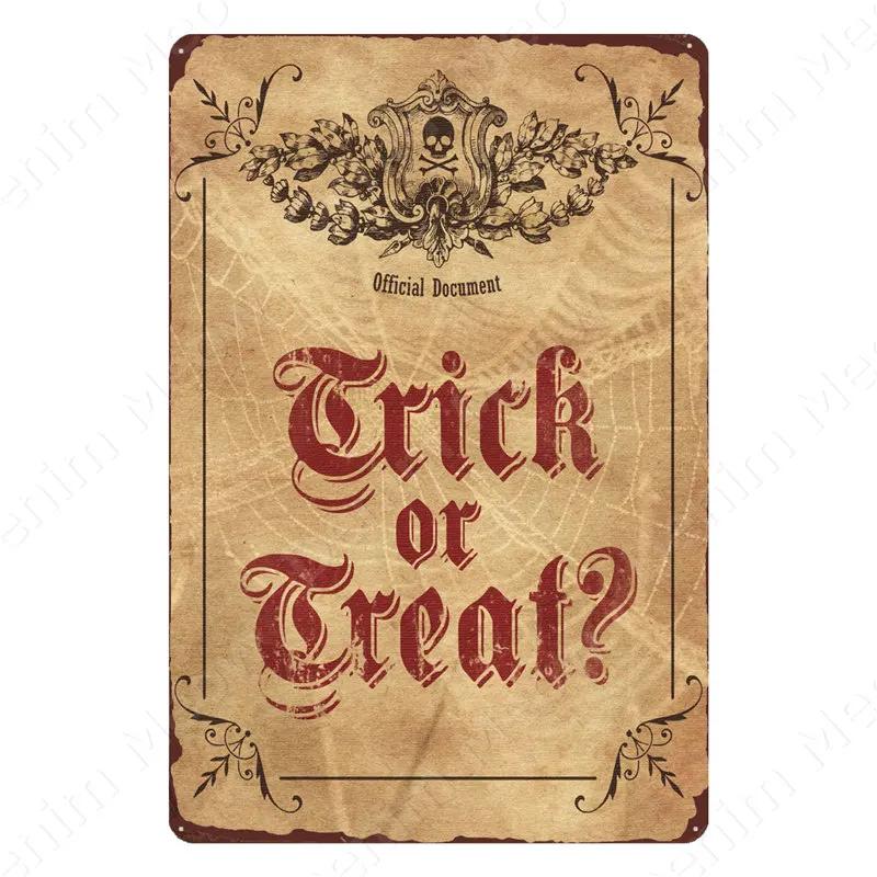 Halloween Party Vintage Metal Tin Sign Trick or Treat Home Bedroom Club Wall Decor Pumpkin Monster Poster Door Decorati